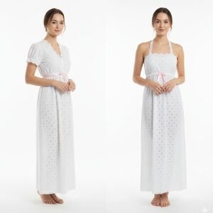 Vintage Sears White and Pink Eyelet Night Gown Robe Belted Small
